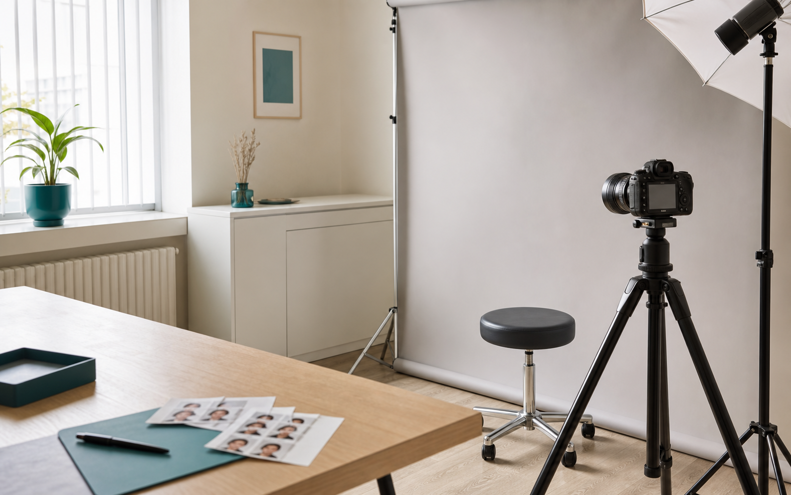 Professionelles Setup für biometrische Passbilder in Minden mit Kamera und neutralem Hintergrund